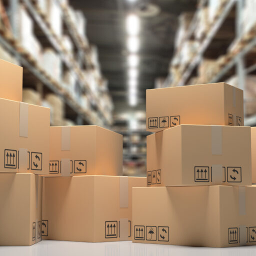 Cardboard boxes on blur storage warehouse shelves background,  Distribution, cargo and logistics concept. 3d illustration