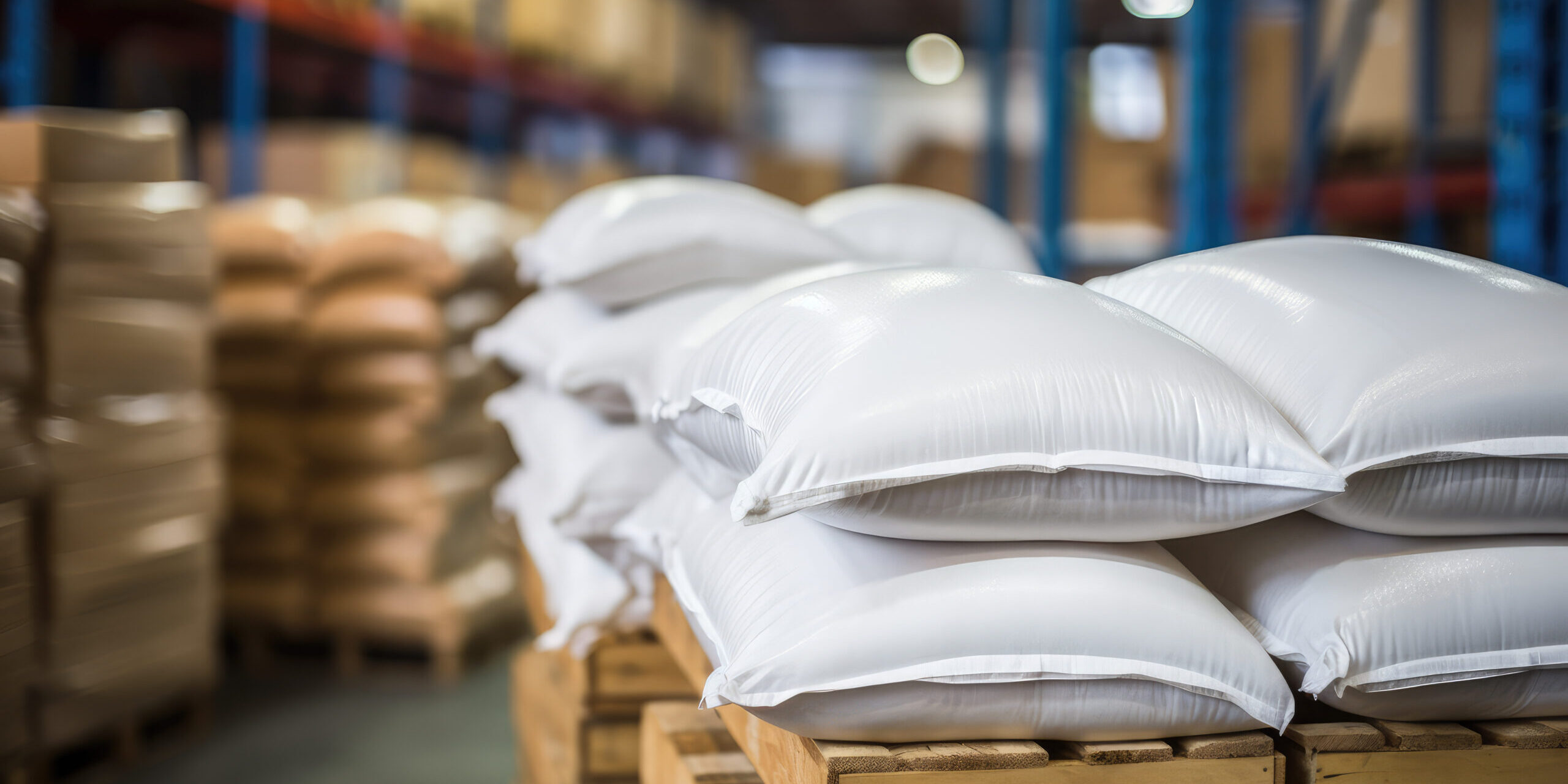 Close-up of a warehouse with bulk rice or sugar bags in a distribution center. White bag rice storage barn, bulk rice procurement, production and transportation of rice.