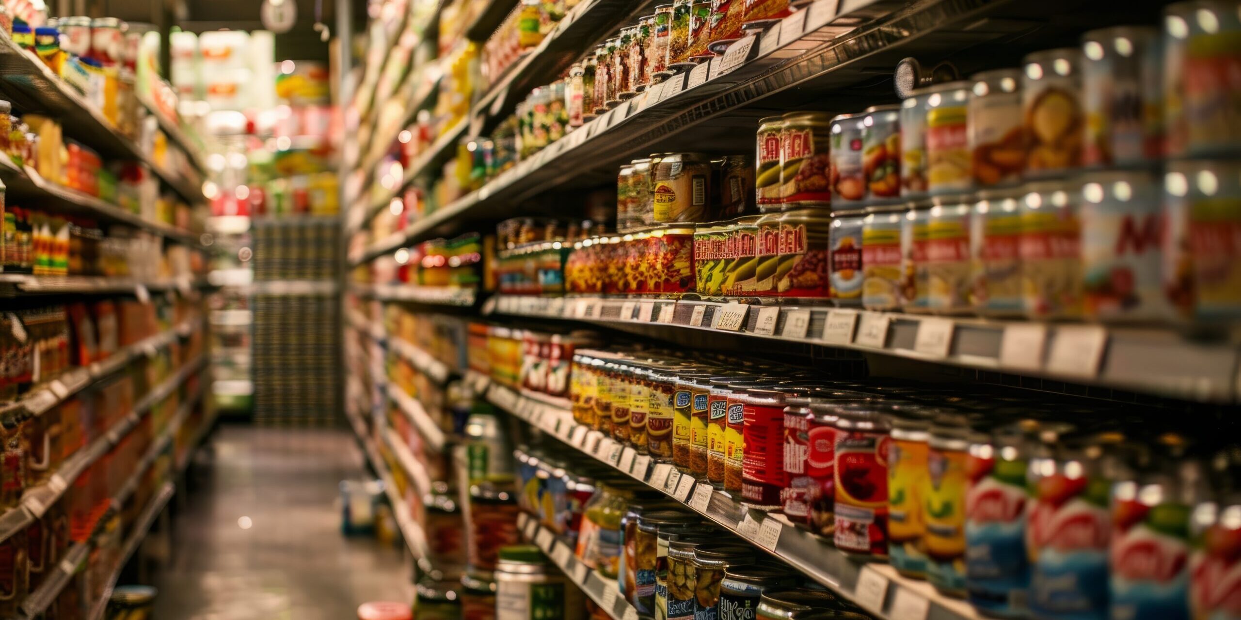 A view of a supermarket aisle packed with neatly arranged canned and jarred foods, displaying a wide variety of products