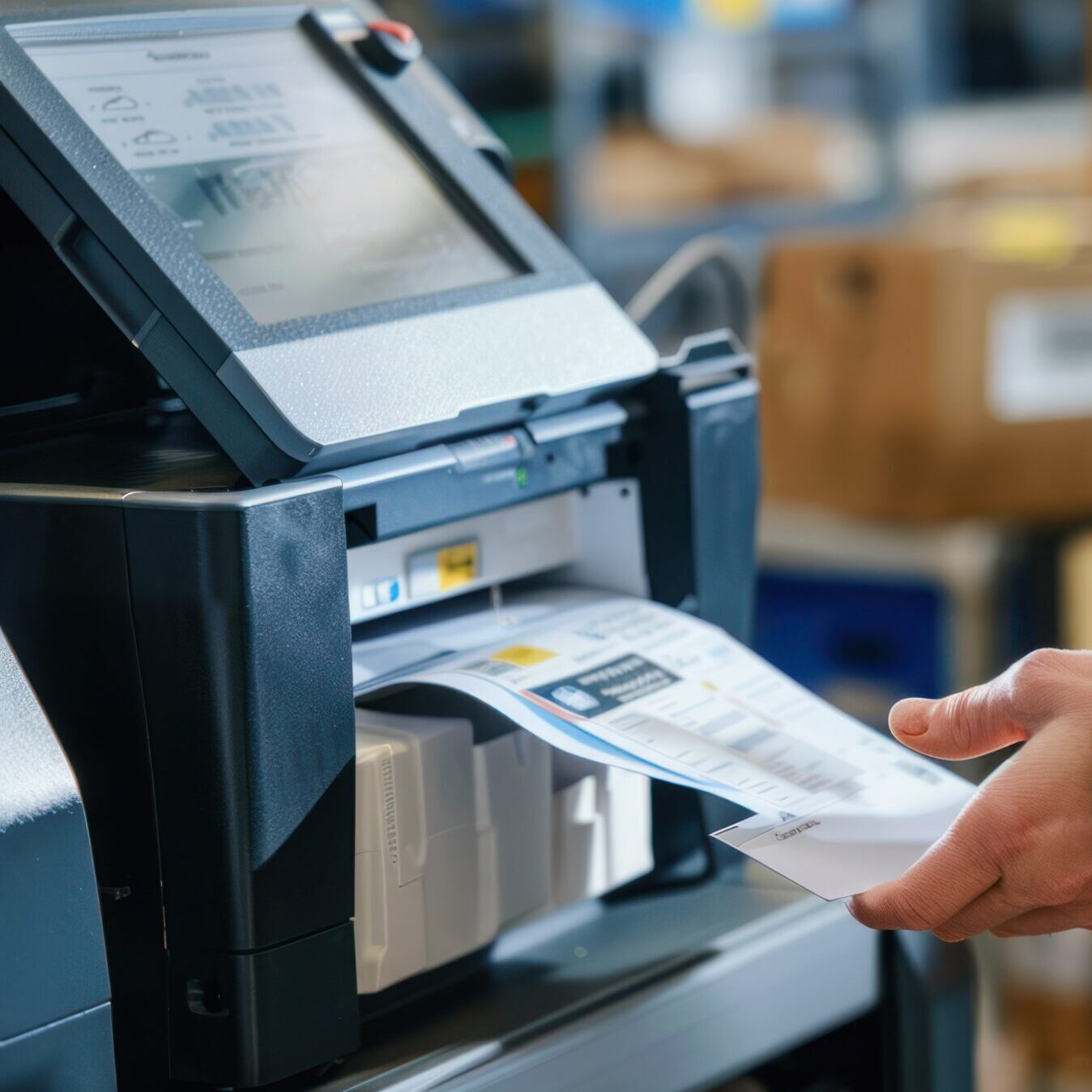 A photorealistic image of a person using a custom-branded shipping label printer, highlighting its efficiency and ease of use. --ar 16:9 Job ID: 99b73e6c-c66e-4a2c-b736-a41cd8786edd